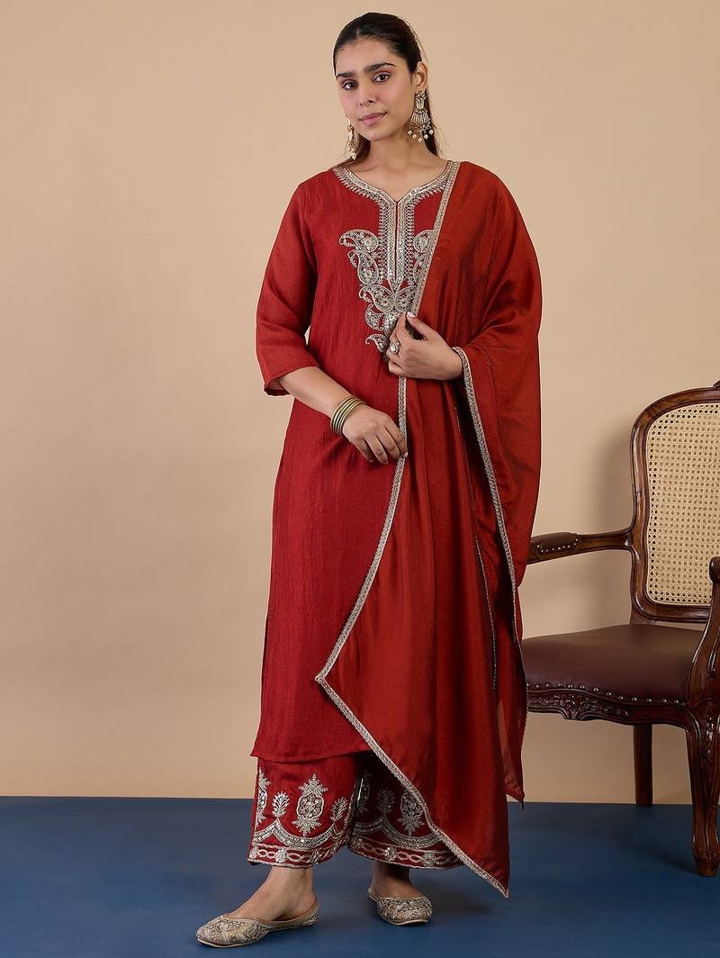 Rust color silk blended graceful partywear readymade kurta set