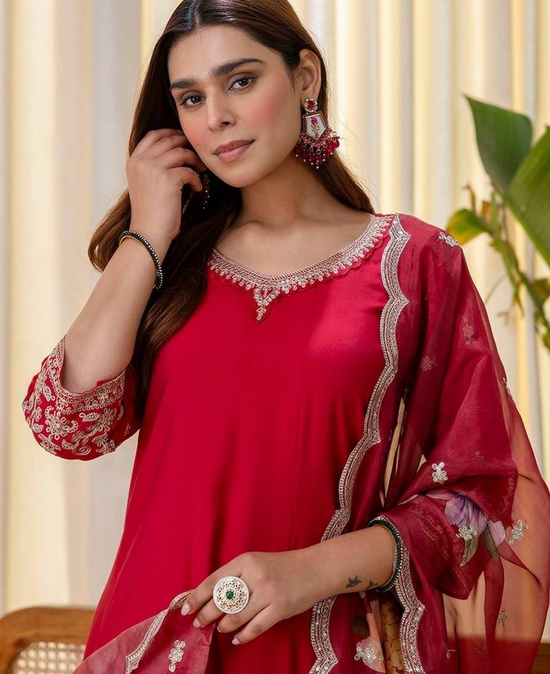 Cherry color beautiful silk blend embroidered work fancy kurta set