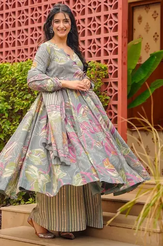Grey color muslin digital printed palazzo dress