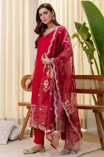 Cherry color beautiful silk blend embroidered fancy kurta set