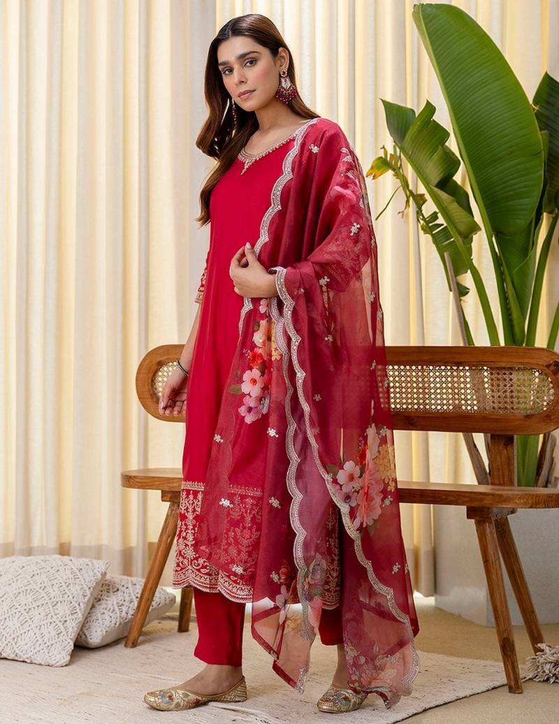 Cherry color beautiful silk blend embroidered work fancy kurta set
