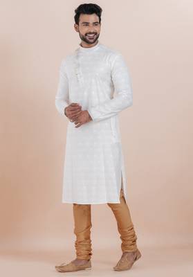 White cotton silk jacquard premium designer festive wear kurta pyjama set 3