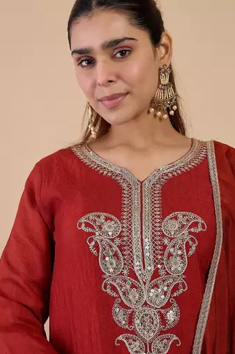 Rust color silk blended graceful partywear readymade kurta set