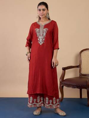 Rust color silk blended graceful partywear readymade kurta set 4
