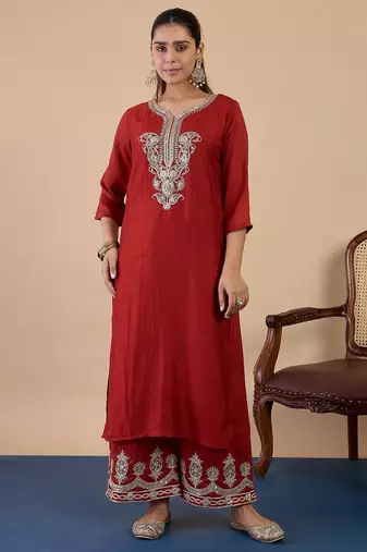 Rust color silk blended graceful partywear readymade kurta set