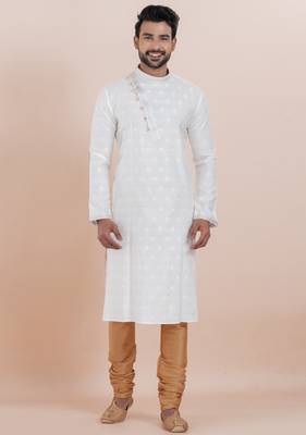 White cotton silk jacquard premium designer festive wear kurta pyjama set 4