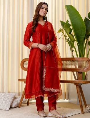 Rust color silk blended graceful partywear readymade kurta set 1