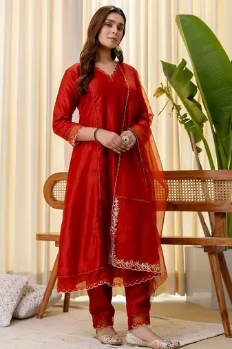 Rust color silk blended graceful partywear readymade kurta set