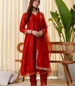 Rust color silk blended graceful partywear readymade kurta set