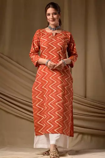 Rust color cambric cotton fabric ethnic ceremonial designer printed kurti