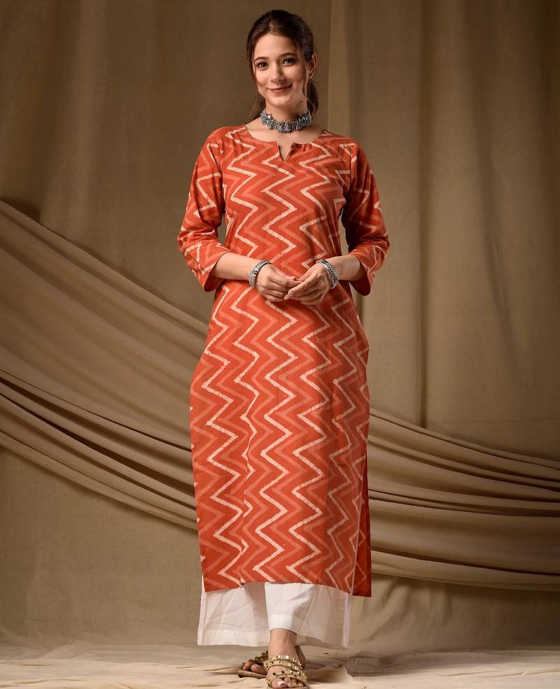 Rust color cambric cotton fabric ethnic ceremonial designer printed kurti