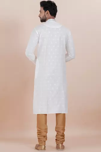 White cotton silk jacquard premium designer festive wear kurta pyjama set