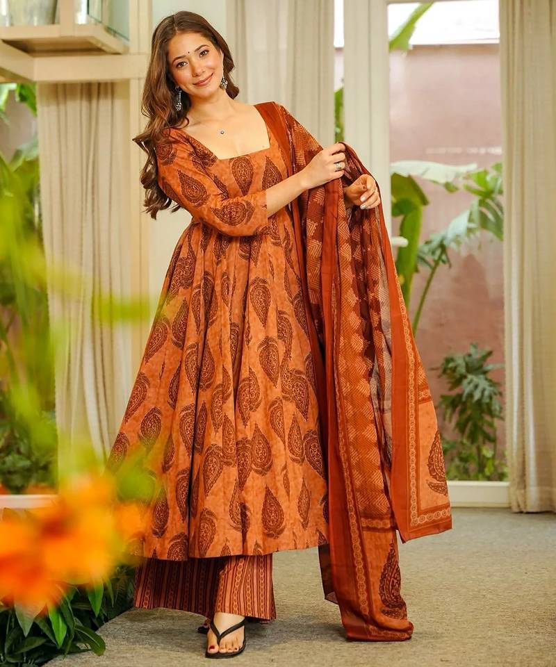 Orange color muslin fabric designer digital printed palazzo dress
