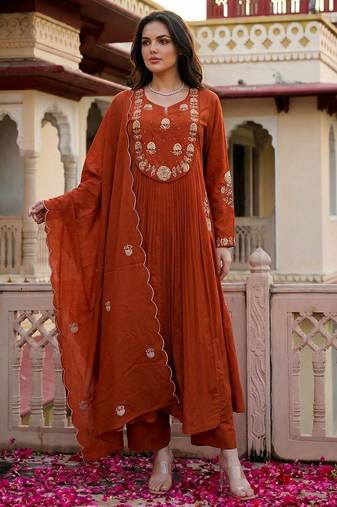 Rust color chanderi fabric designer partywear stithed suit