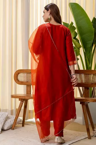 Rust color silk blended graceful partywear readymade kurta set