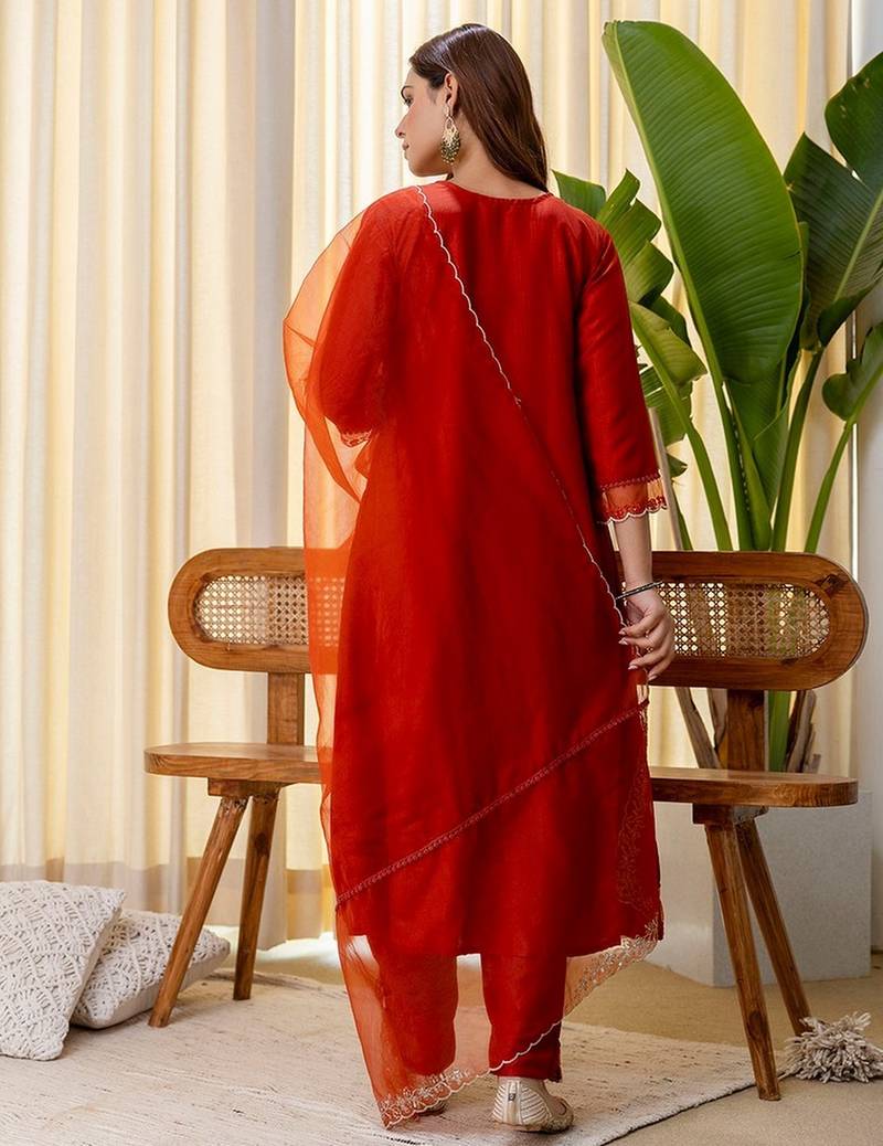Rust color silk blended graceful partywear readymade kurta set