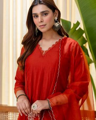 Rust color silk blended graceful partywear readymade kurta set 3
