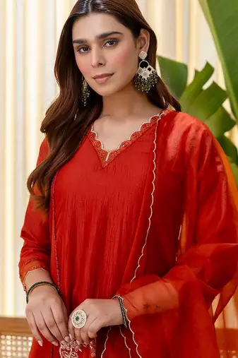 Rust color silk blended graceful partywear readymade kurta set