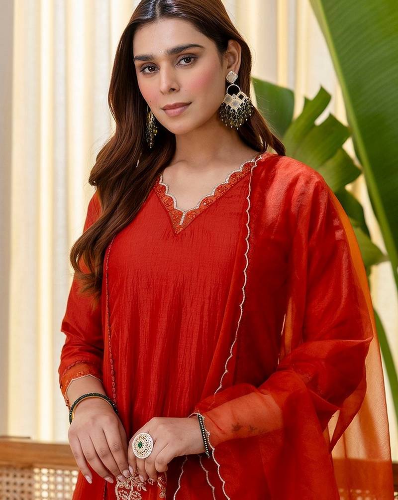 Rust color silk blended graceful partywear readymade kurta set