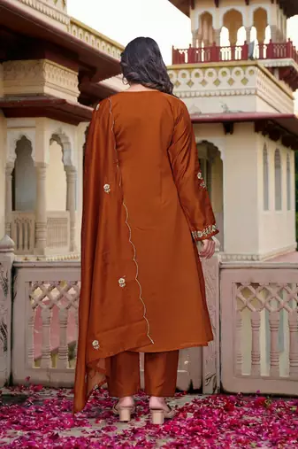 Rust color chanderi partywear stitched suit