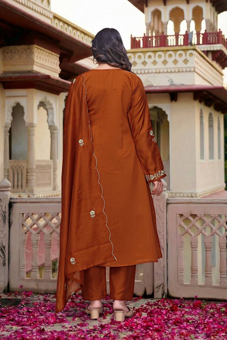 Rust color chanderi fabric designer partywear stithed suit