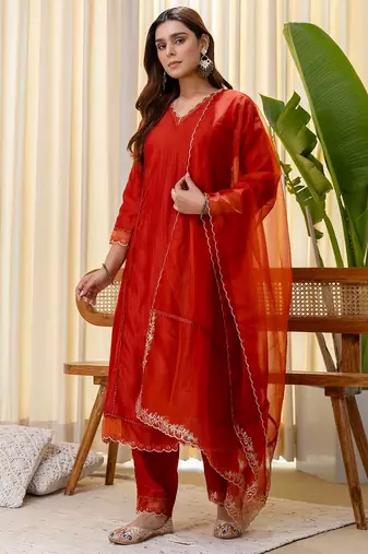 Rust color silk blended graceful partywear readymade kurta set