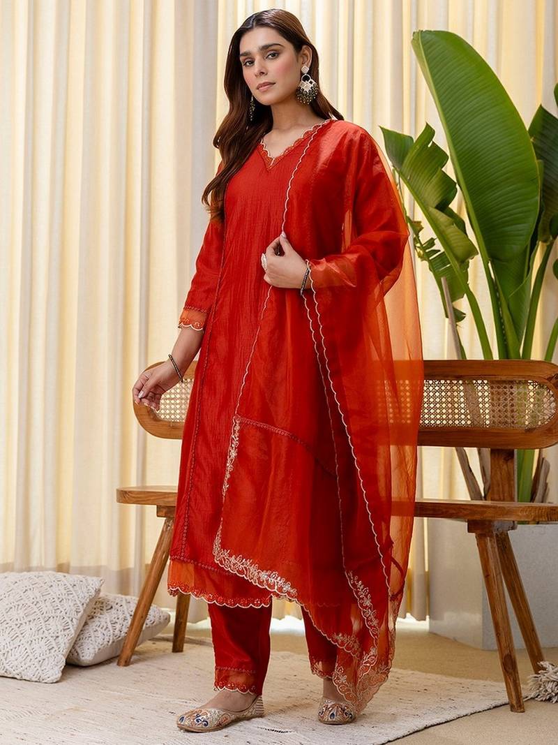 Rust color silk blended graceful partywear readymade kurta set