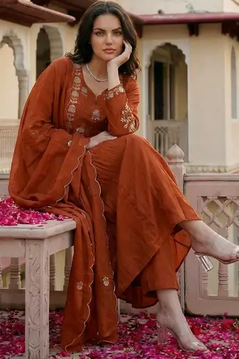 Rust color chanderi partywear stitched suit