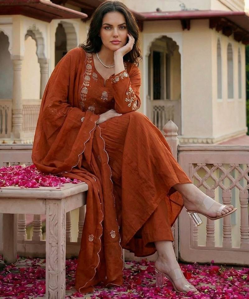 Rust color chanderi fabric designer partywear stithed suit