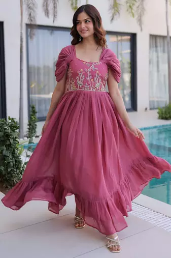 Gajri color beautiful ceremonial embroidered partywear gown for beautiful looks