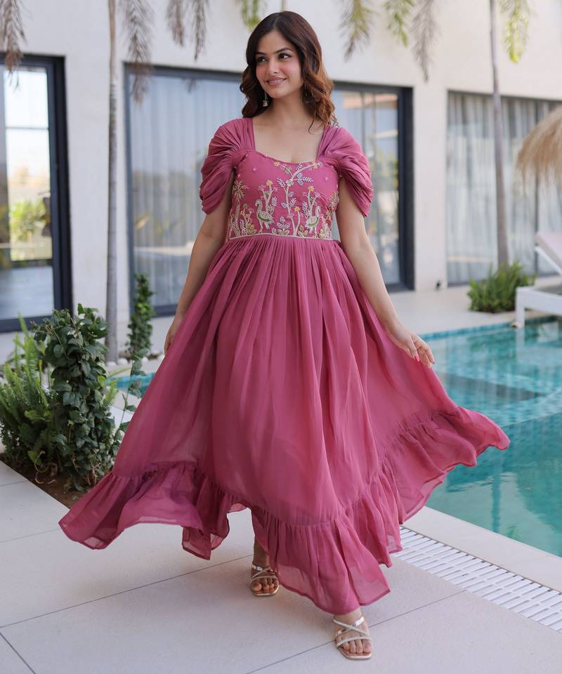 Gajri color beautiful ceremonial embroidered partywear gown for beautiful looks
