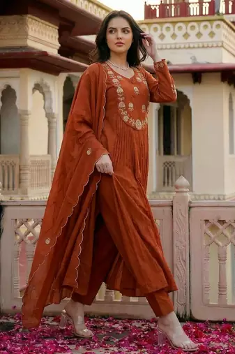 Rust color chanderi partywear stitched suit