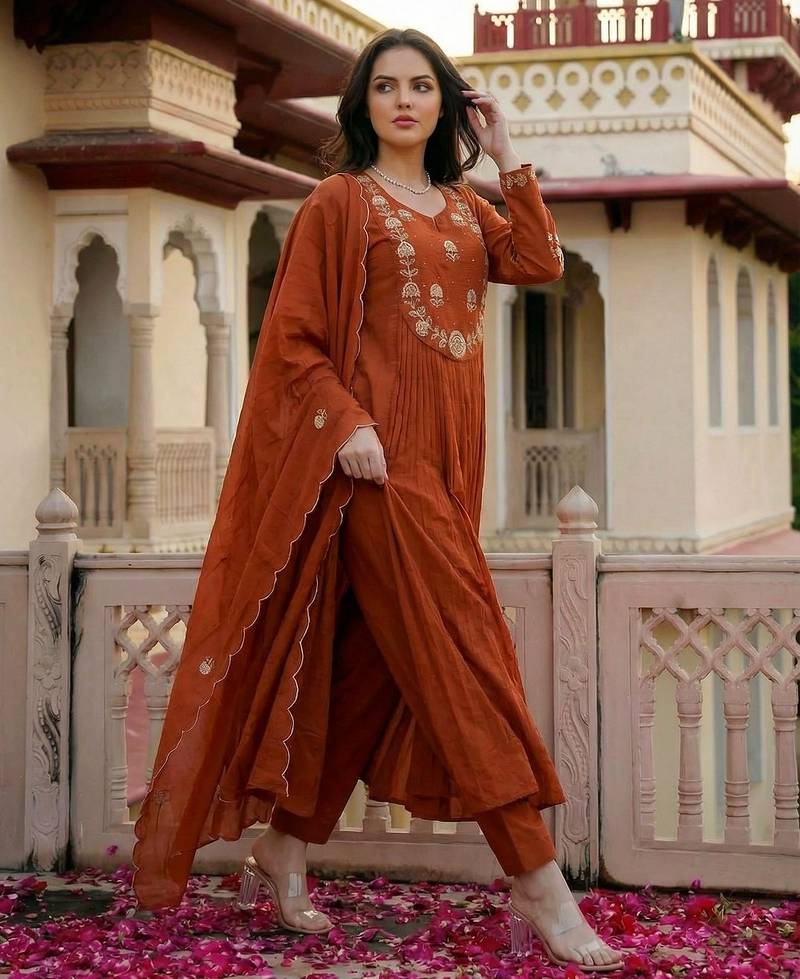 Rust color chanderi fabric designer partywear stithed suit