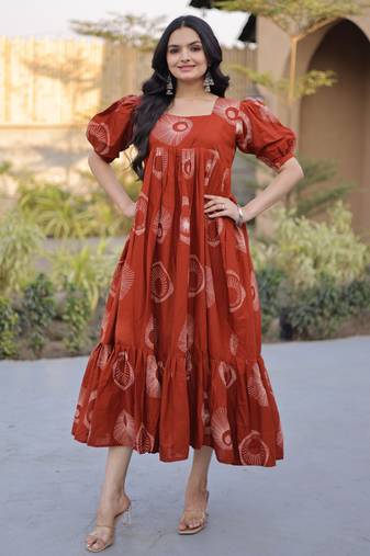 Rust color designer printed fancy partywear long kurti for girlie festive looks
