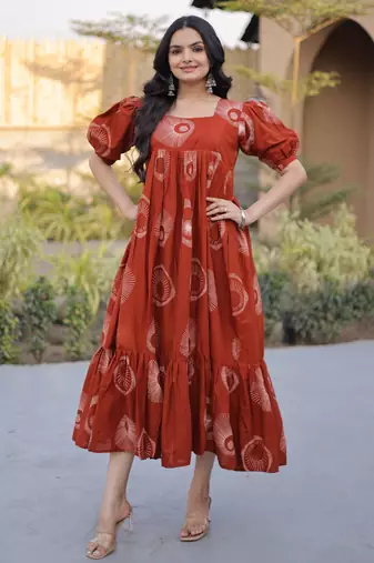 Rust color designer printed fancy partywear long kurti for girlie festive looks