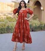 Rust color designer printed fancy partywear long kurti for girlie festive looks