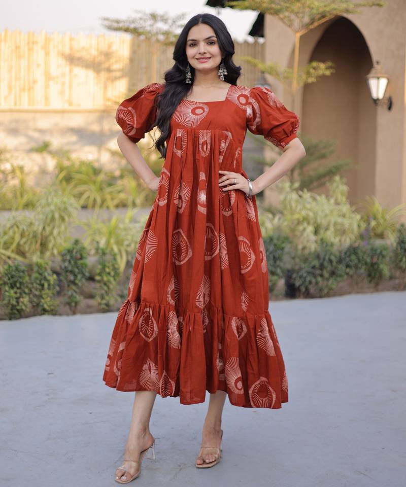 Rust color designer printed fancy partywear long kurti for girlie festive looks