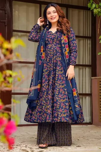 Blue color muslin fabric designer digital printed palazzo dress