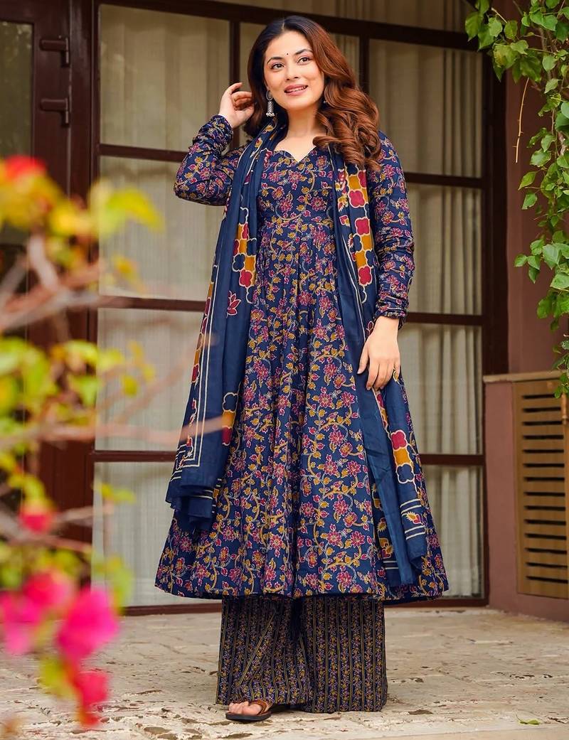 Blue color muslin fabric designer digital printed palazzo dress