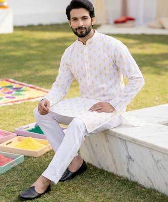 White cotton digital print premium designer festive wear kurta trouser set 4