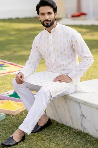 White cotton digital print premium designer festive wear kurta trouser set