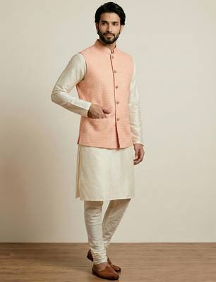 Beige  banarasi dupion premium designer festive wear kurta pyjama with jacket set 2