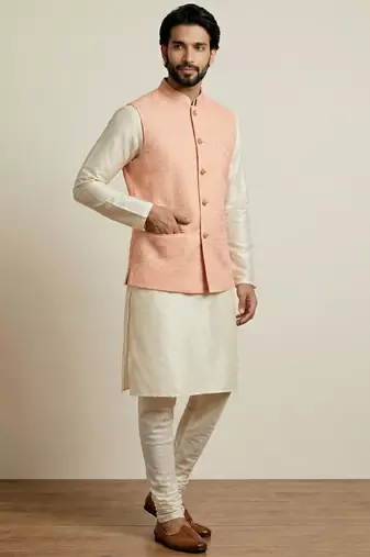 Beige  banarasi dupion premium designer festive wear kurta pyjama with jacket set