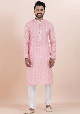 Pink cotton silk jacquard premium designer festive wear kurta pyjama set 1