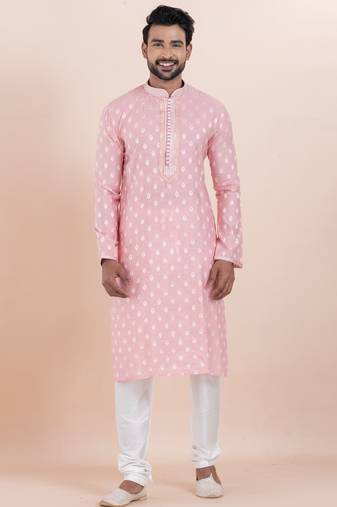 Pink cotton silk jacquard premium designer festive wear kurta pyjama set
