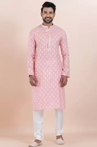 Pink cotton silk jacquard premium designer festive wear kurta pyjama set