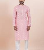 Pink cotton silk jacquard premium designer festive wear kurta pyjama set