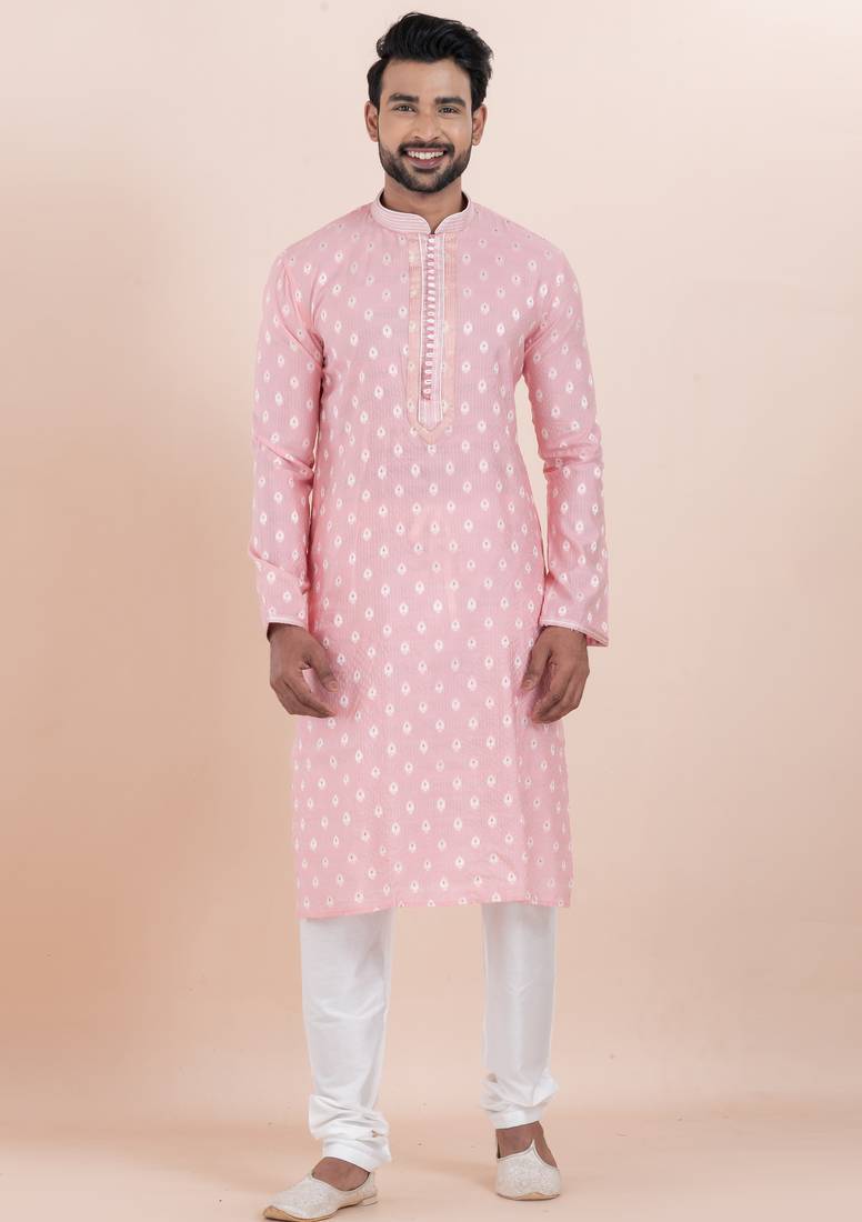 Pink cotton silk jacquard premium designer festive wear kurta pyjama set