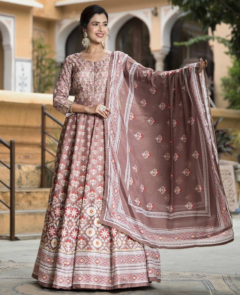 Mauve color beautiful dola silk gown with dupatta for ceremonial party look