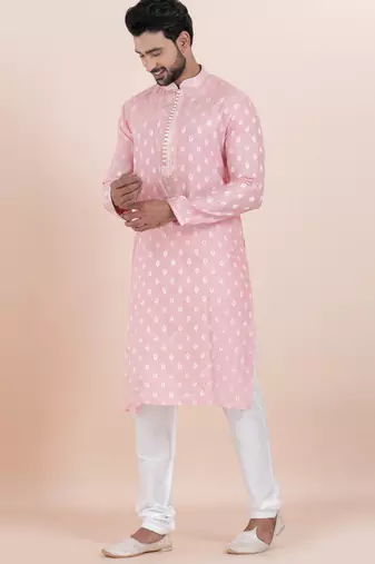 Pink cotton silk jacquard premium designer festive wear kurta pyjama set